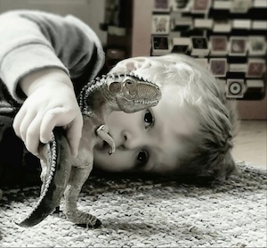 Child playing with a toy dinosaur